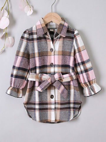 Young Girl Plaid Flounce Sleeve Belted Dress