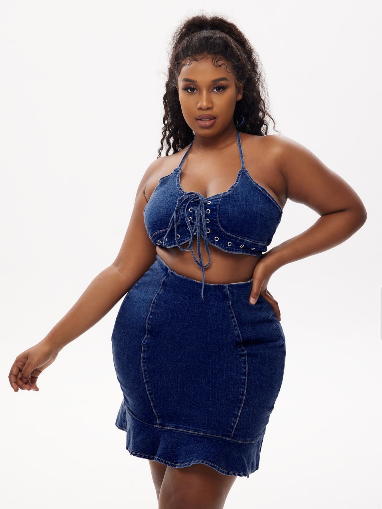 Plus Lace Up Denim Crop Halter Top & Ruffle Hem Skirt Set