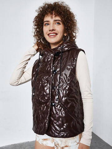 Sleeveless Drawstring Hooded Quilted Coat