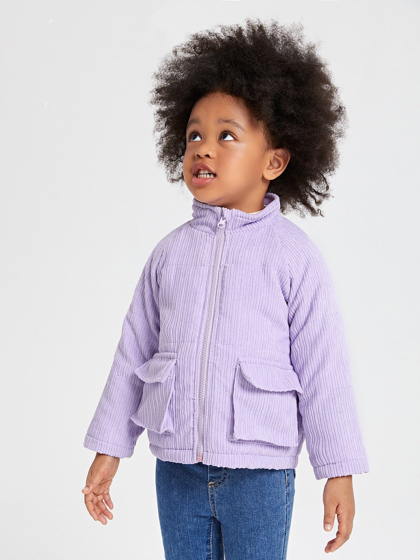 Toddler Girls Raglan Sleeve Flap Pocket Zipper Placket Cord Coat