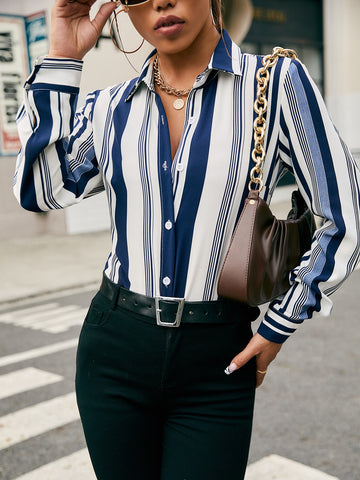 Multi-Striped Print Button Up Blouse