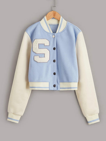 Letter Patched Crop Varsity Jacket