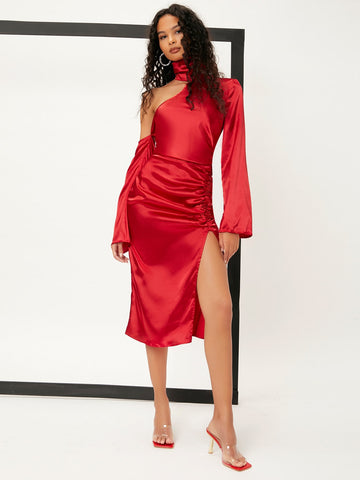 Asymmetrical Neck Ruched Split Thigh Satin Dress