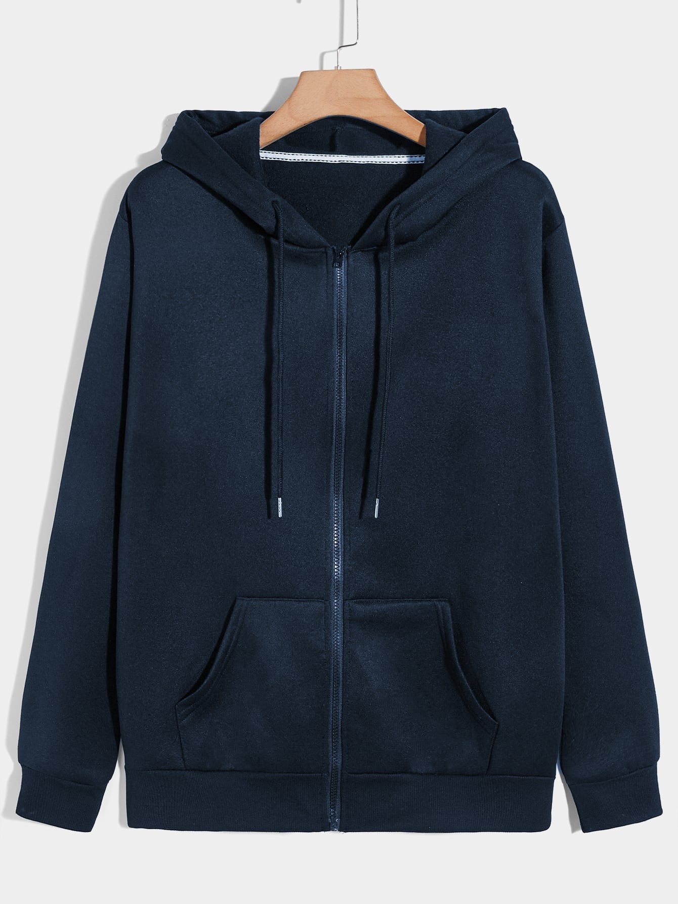 Men Zip Up Drawstring Slant Pocket Thermal Hoodie