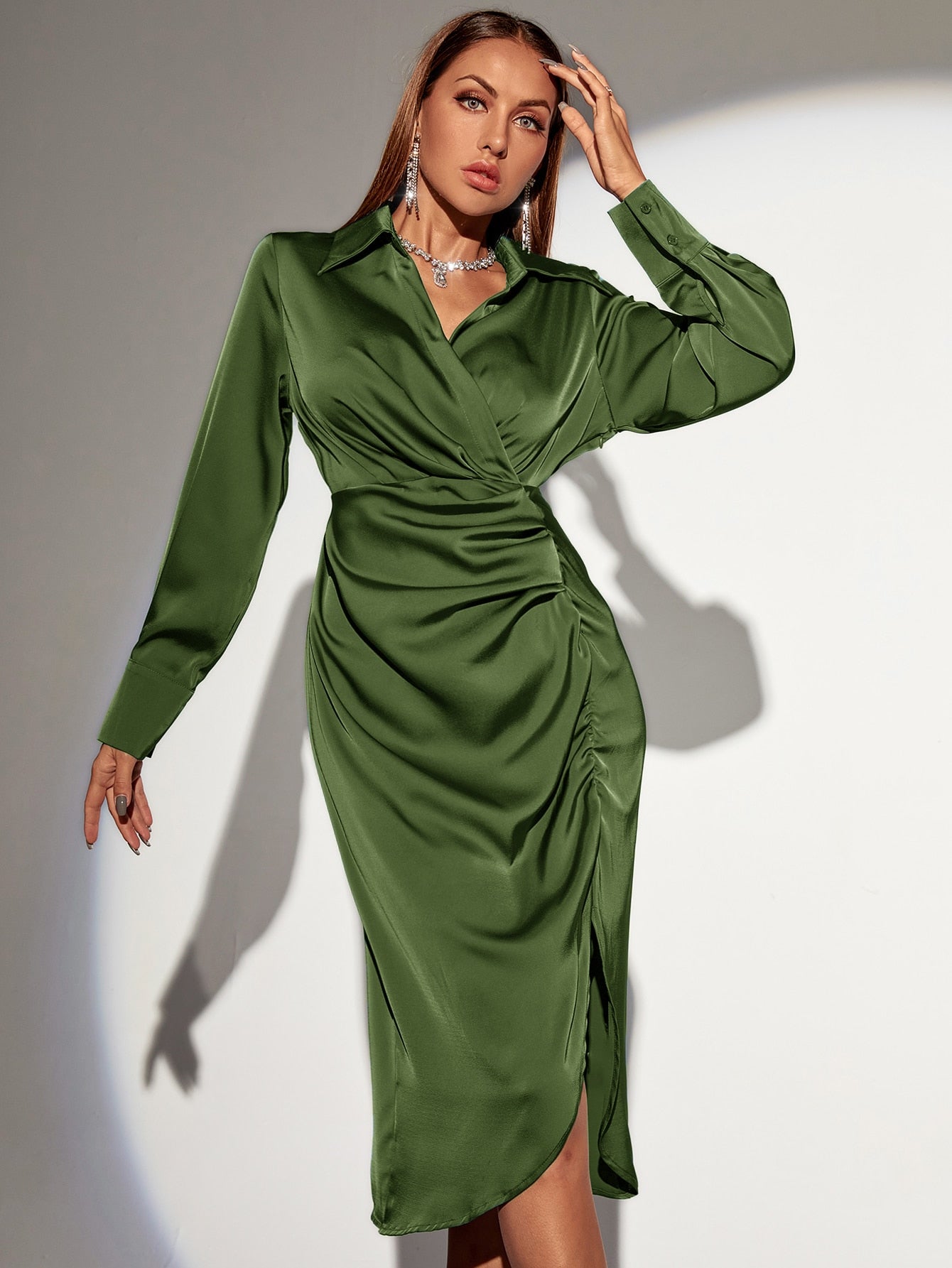 Ruched Split Thigh Satin Dress