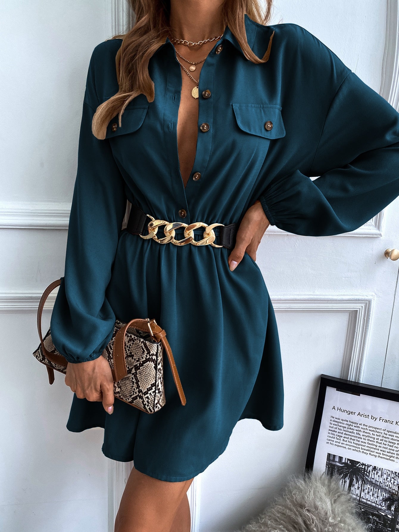 Lantern Sleeve Flap Detail Shirt Dress Without Belt