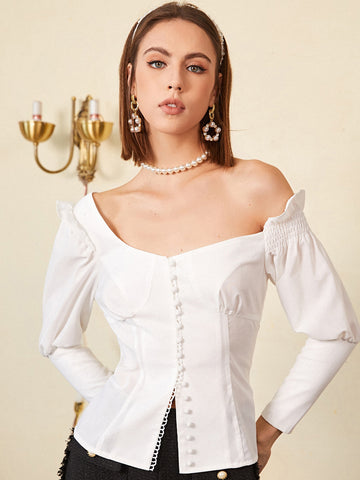 Button Up Shirred Ruffle Trim Blouse