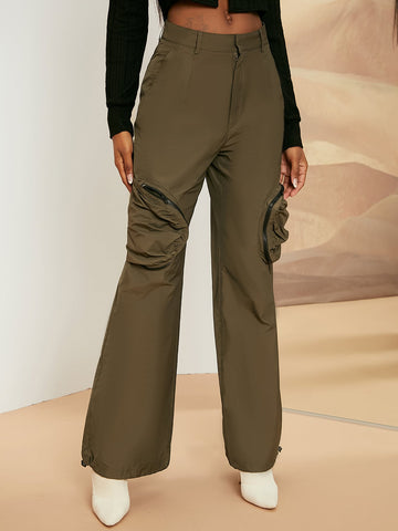 High Waist Zipper Detail Drawstring Hem Pants