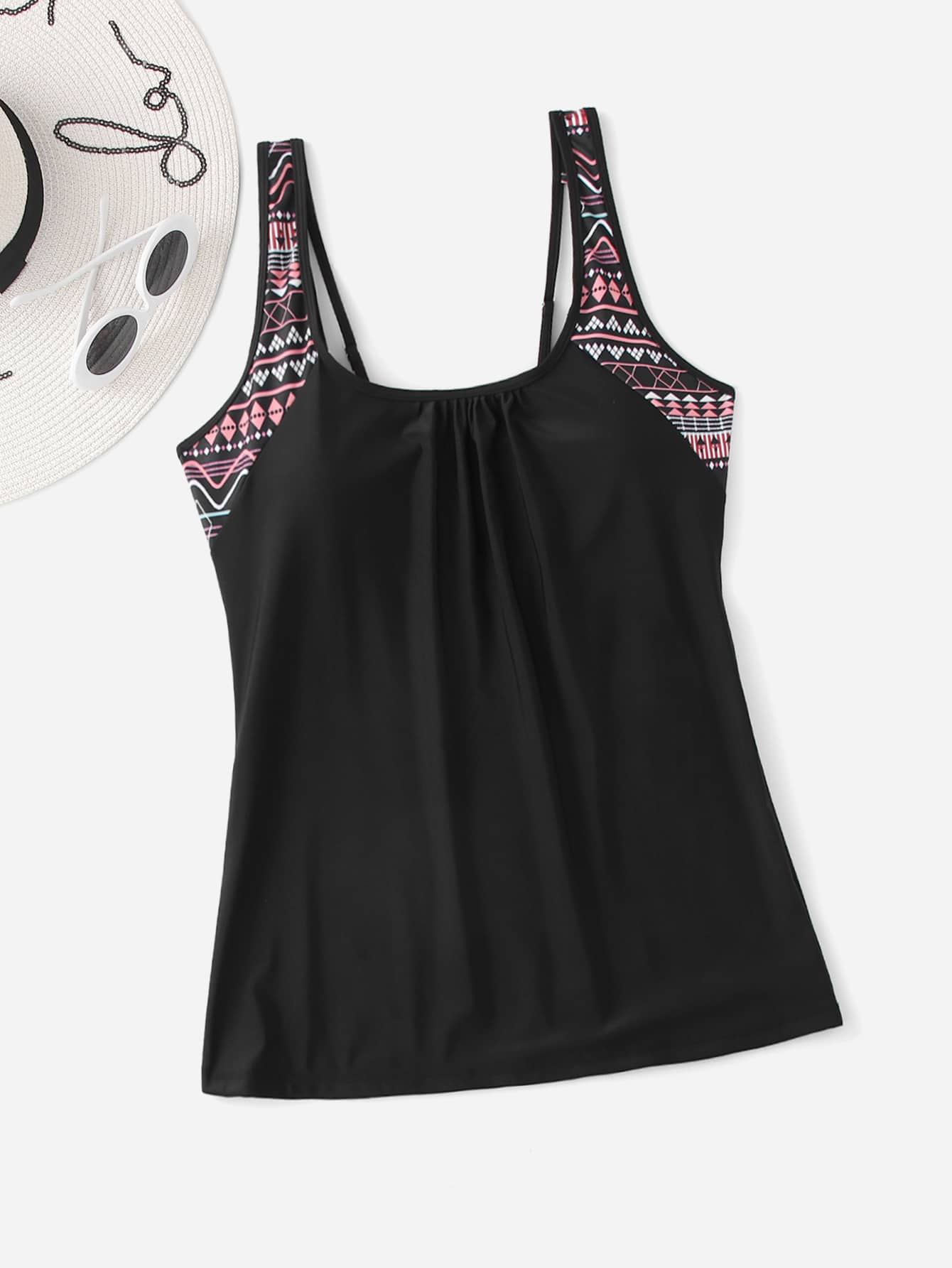 Summer Beach Plus Geometric Print Ruched Tankini Top