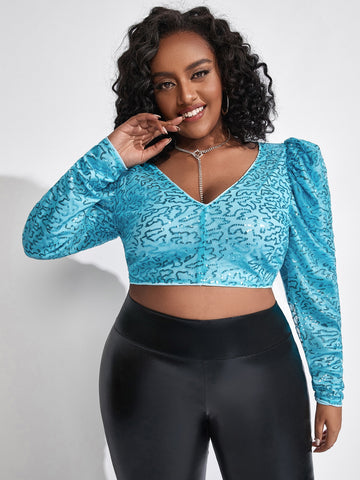 Plus V-neck Puff Sleeve Sequin Crop Top