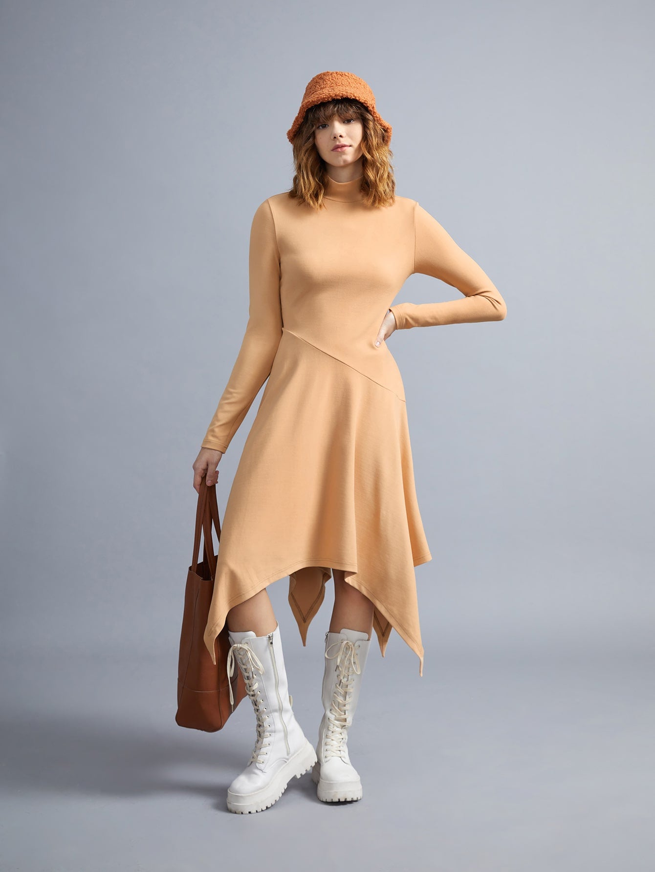 Mock Neck Asymmetrical Hem Dress