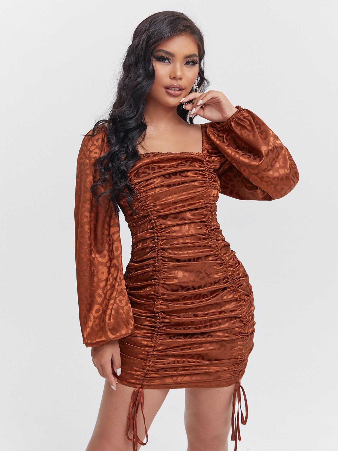 Leopard Jacquard Lantern Sleeve Drawstring Ruched Front Bodycon Dress