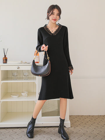 Lace Trim Ribbed Knit Sweater Dress