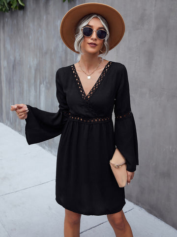 Guipure Lace Detail Overlap Collar Trumpet Sleeve Dress