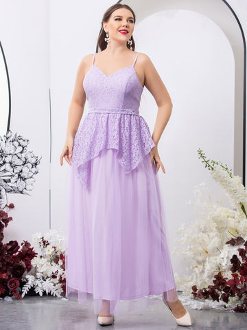 Plus Lace Bodice Mesh Hem Cami Bridesmaid Dress