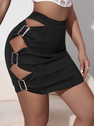 High Waist Cut Out Buckled Bodycon Denim Skirt