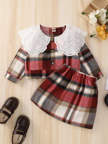 Toddler Girls Plaid Print Eyelet Embroidery Top & Skirt