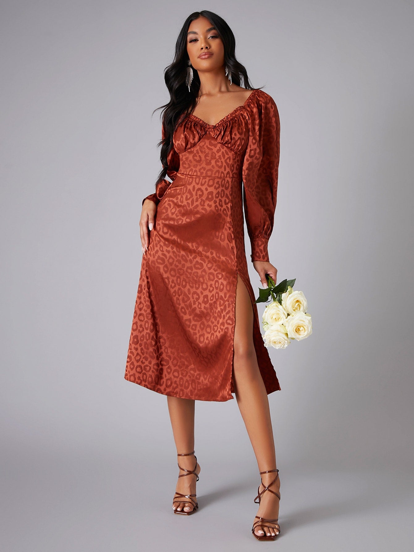 Leopard Print Bishop Sleeve Split Thigh Dress