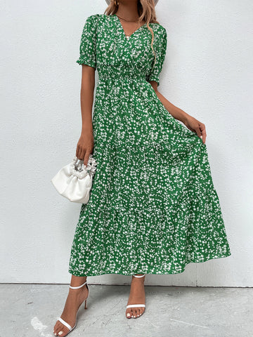 Ditsy Floral Print Puff Sleeve Shirred Dress