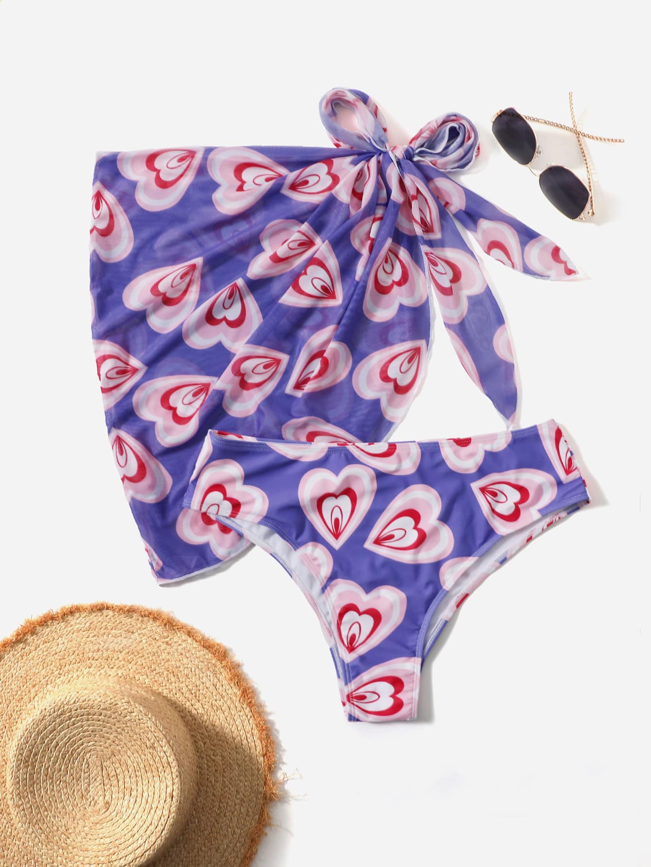 Plus Heart Pattern Bikini Bottom With Beach Skirt