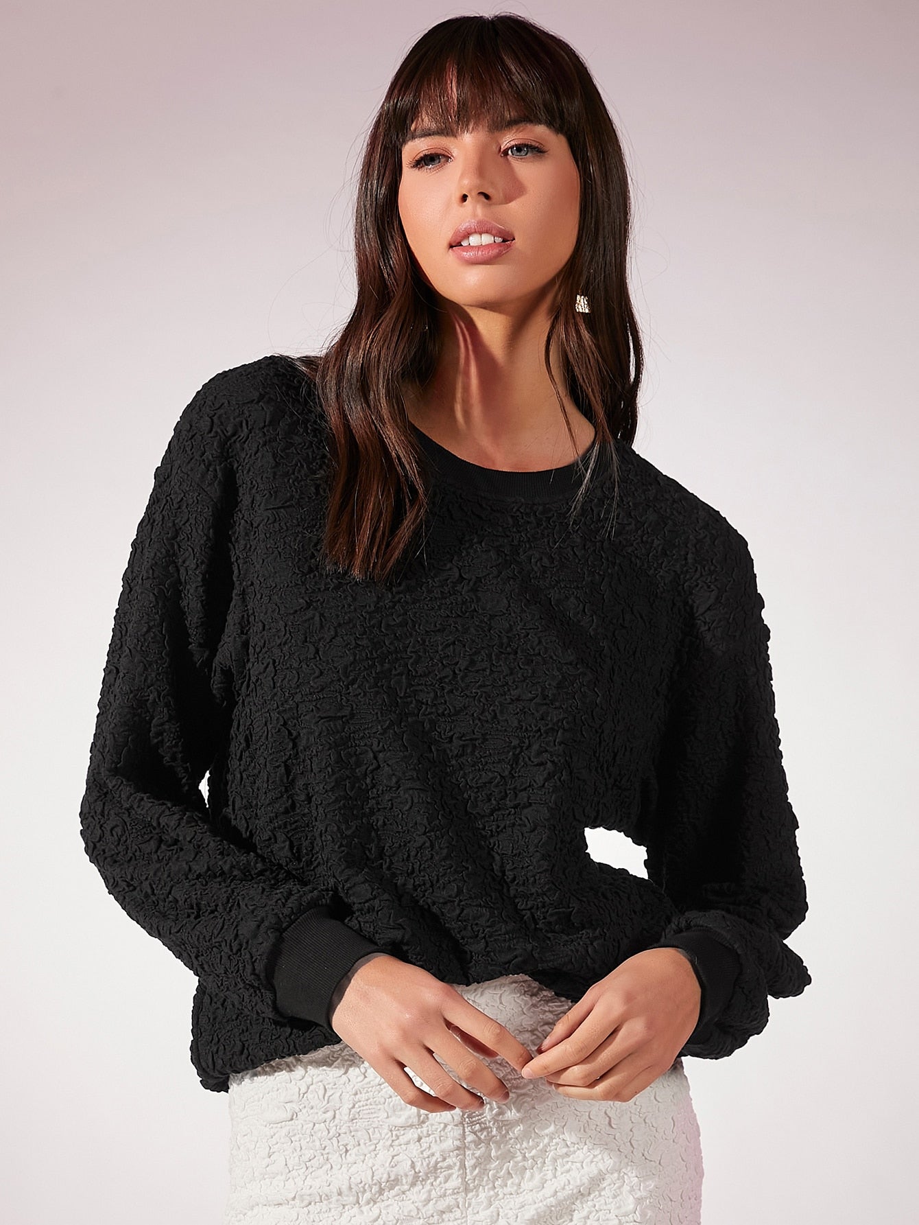 Solid Textured Drop Shoulder Sweatshirt