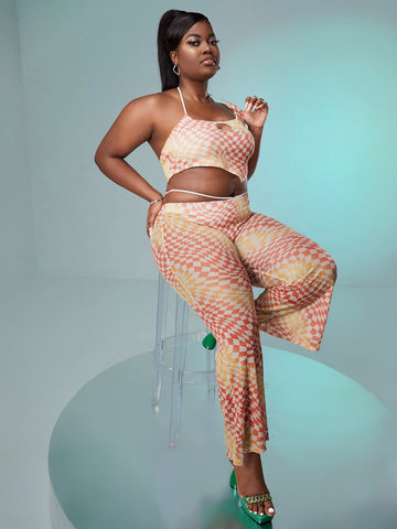 Plus Geo Print Mesh Halter Top And Flare Leg Pants Without Panty