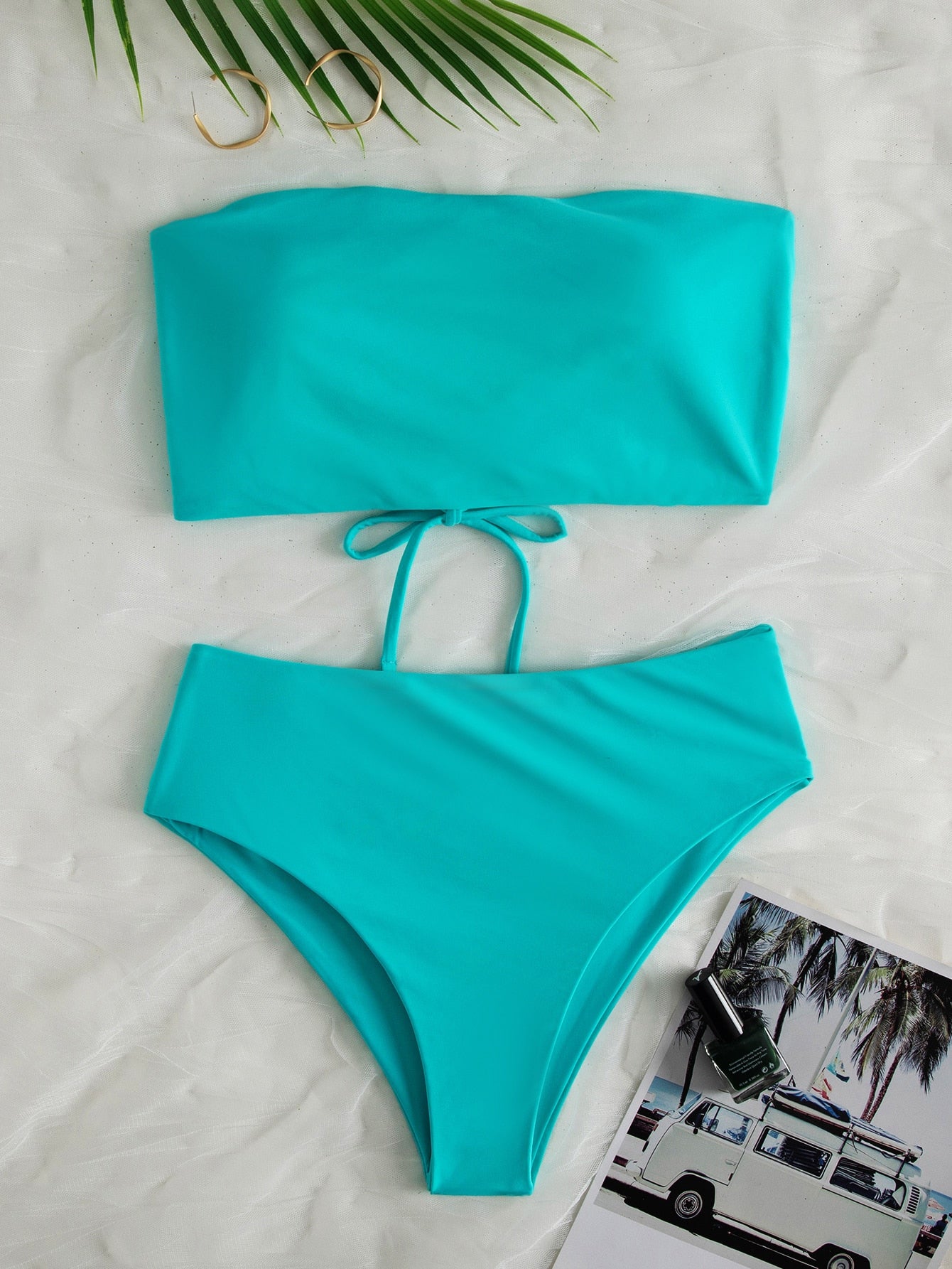 Summer Beach Solid Bikini Set Lace Up Back Reversible Tube Bra & High Waisted Bottom 2 Piece Bathing Suit