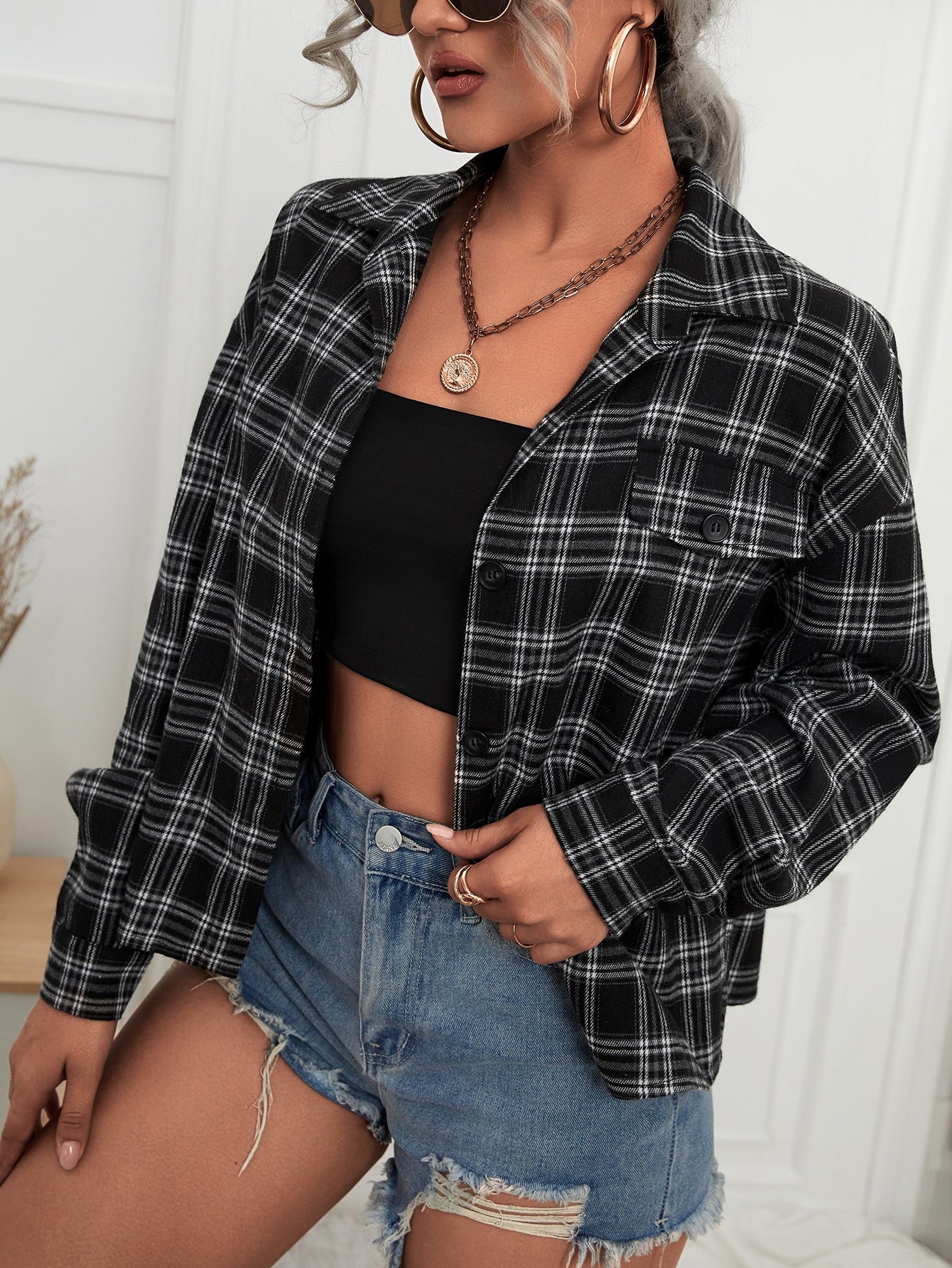 Plaid Print Drop Shoulder Jacket