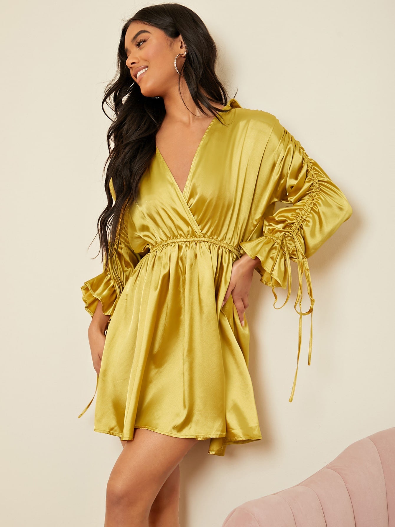 Surplice Neck Drawstring Ruched Dress