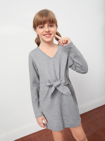 Girls V-neck Self Belted Sweater Dress