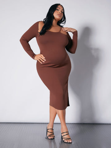 Maternity Plus Asymmetrical Neck Split Hem Dress