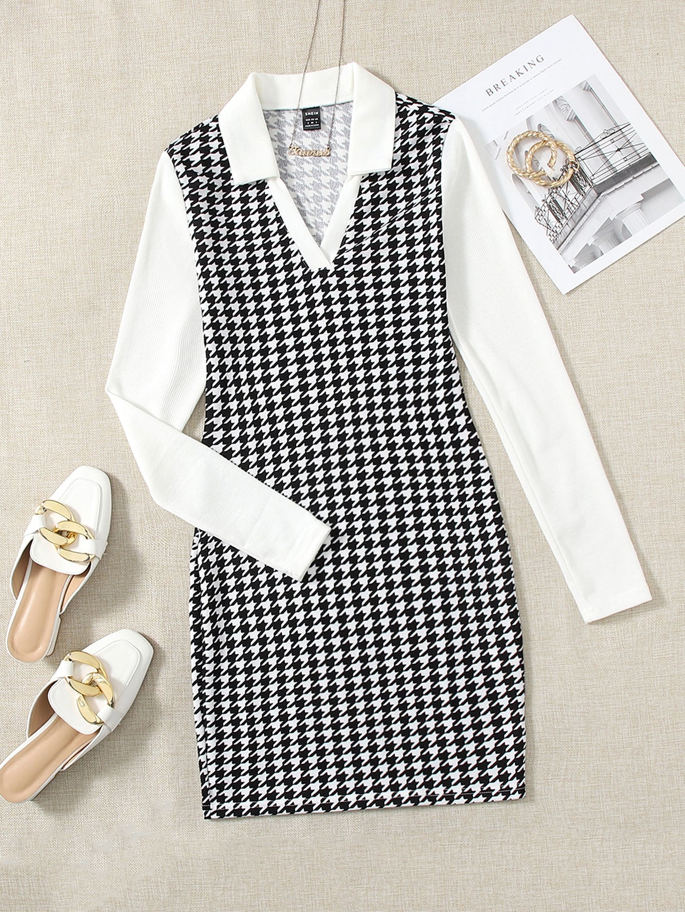 Houndstooth V Collared Detail Dress