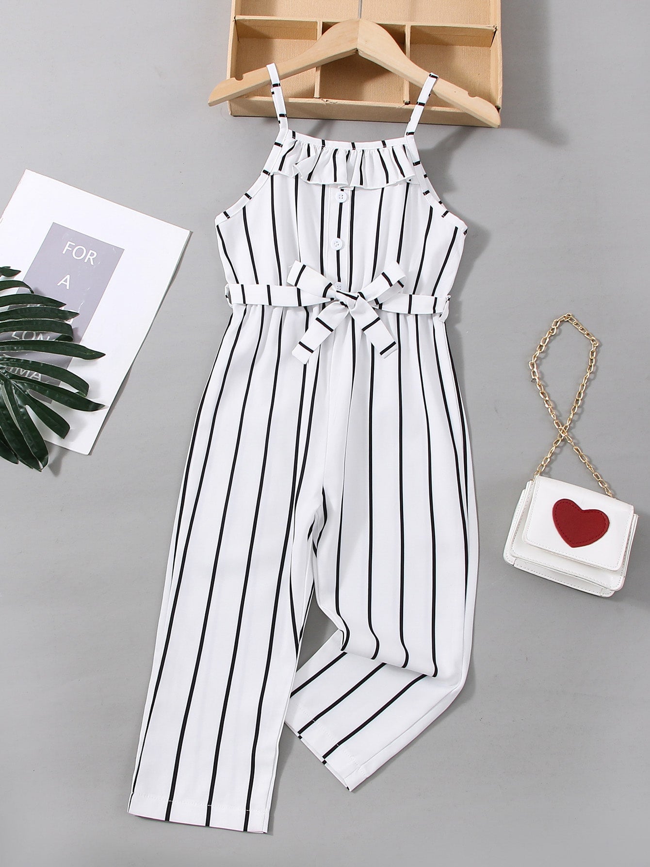 Young Girl Striped Ruffle Trim Belted Cami Jumpsuit