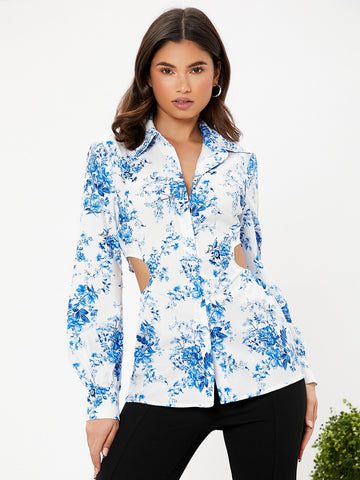 Floral Print Cut Out Button Front Shirt