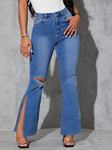 Butterfly Print Ripped Slit Hem Flare Leg Jeans