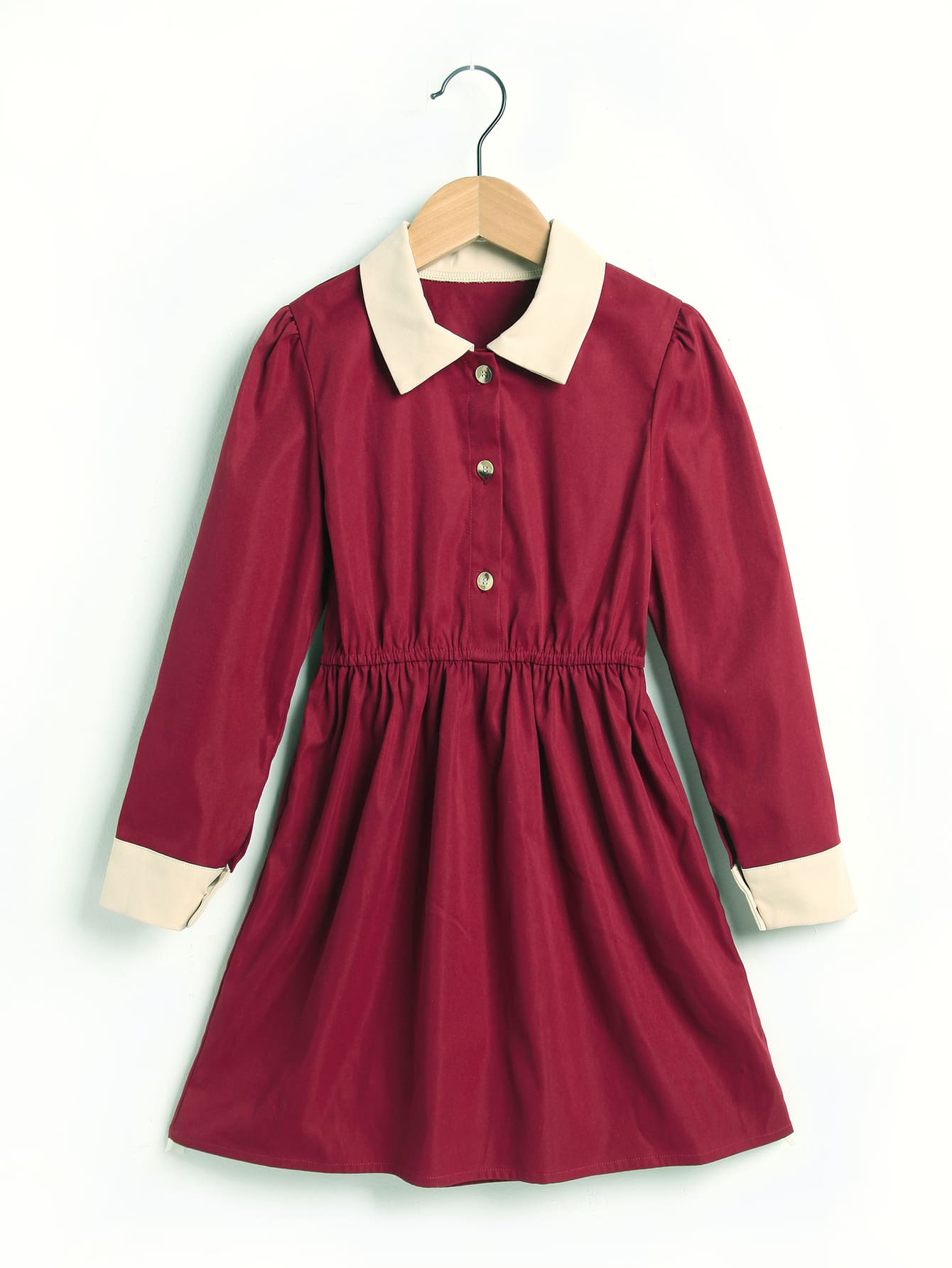 Girls Contrast Panel Puff Sleeve Half Button Shirt Dress