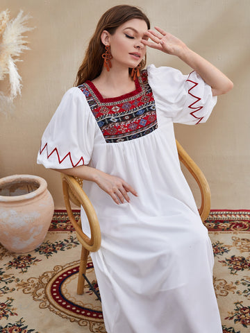 Puff Sleeve Embroidery Yoke Smock Dress