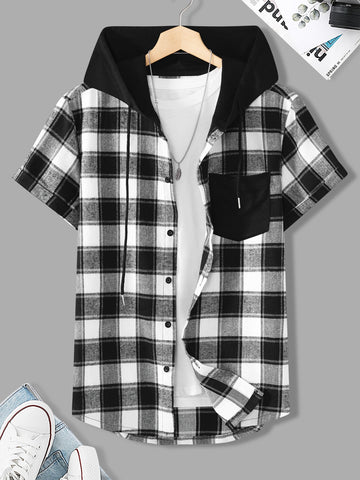 Men Plaid Patched Pocket Drawstring Hooded Shirt Without Tee