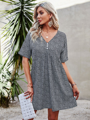 V-neck Rolled Cuff Babydoll Dress