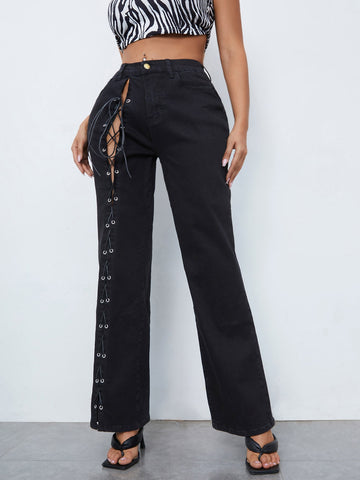 Lace Up Straight Leg Jeans