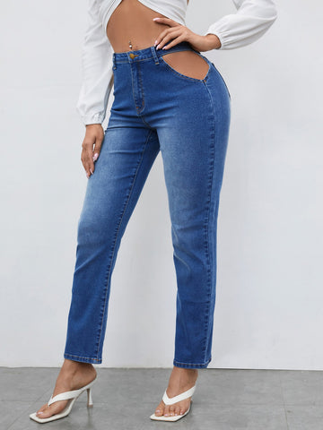 Bleach Wash Cut-out Mom Jeans