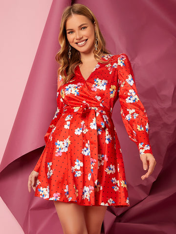 Floral & Dot Print Lantern Sleeve Belted Dress