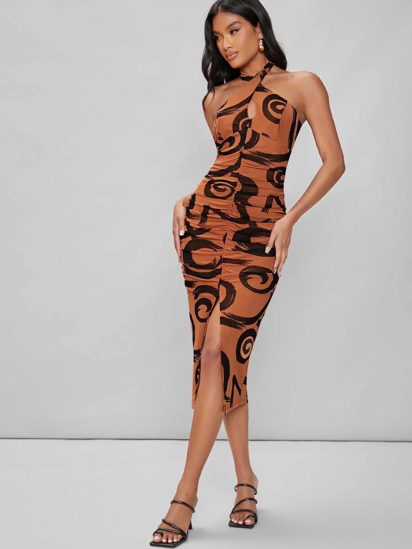 Graphic Print Open Back Slit Hem Mesh Overlay Dress