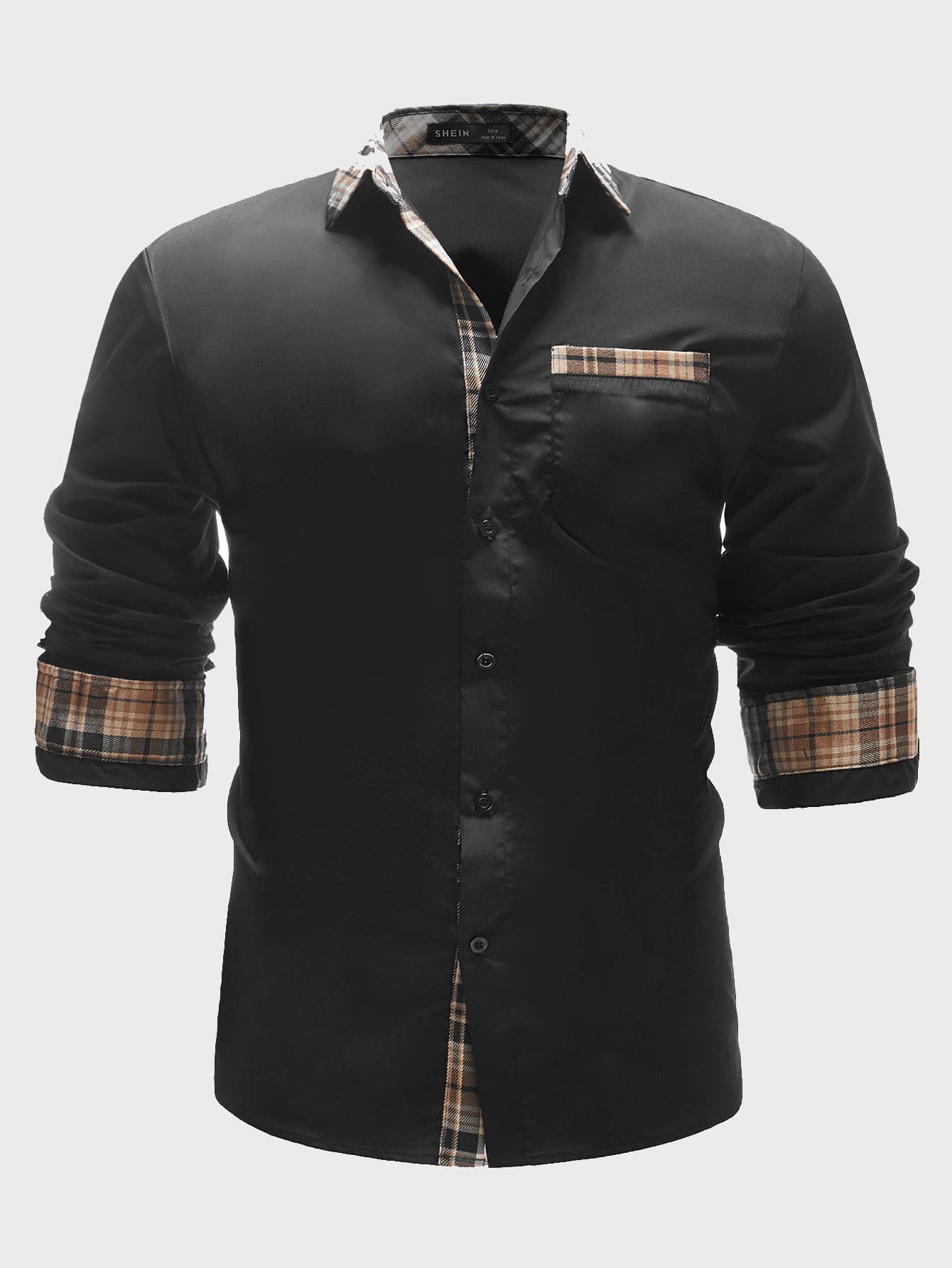 Men Contrast Plaid Panel Patch Pocket Shirt