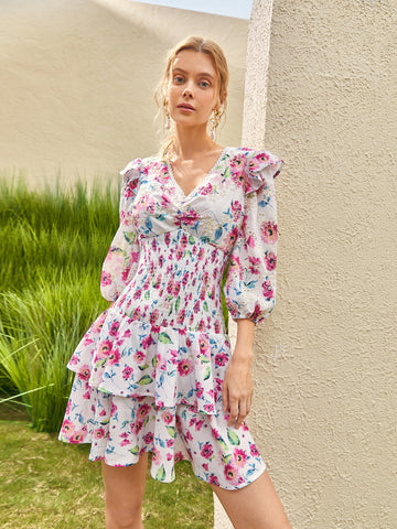 Floral Print V-neck Lantern Sleeve Shirred Layered Ruffle Hem Dress