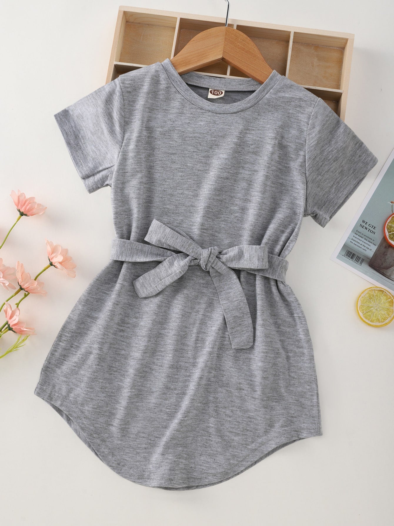 Young Girl Curved Hem Belted Tee Dress