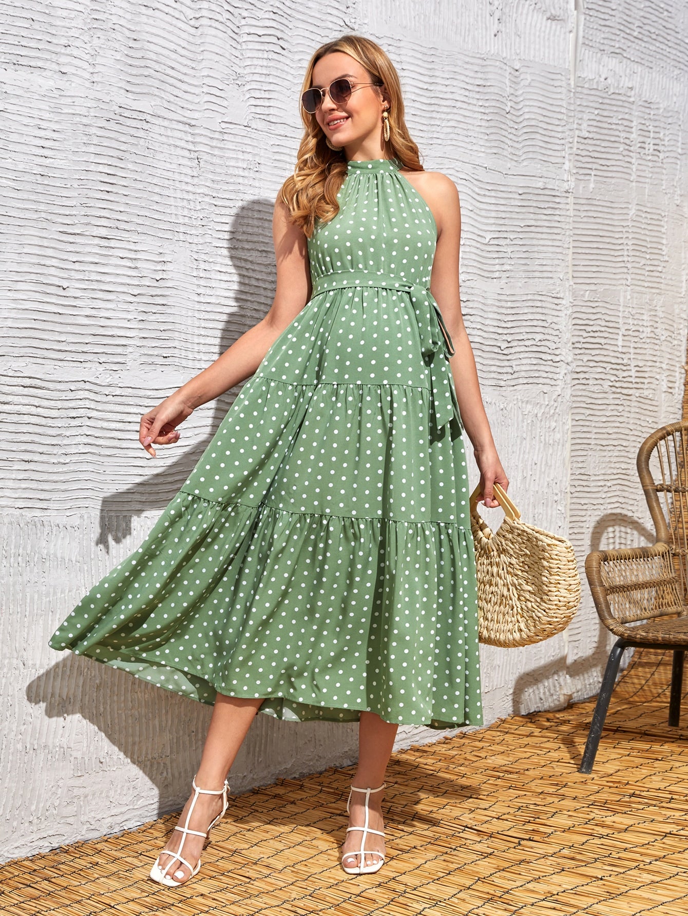 Maternity Halter Neck Polka Dot Belted Ruffle Hem Dress