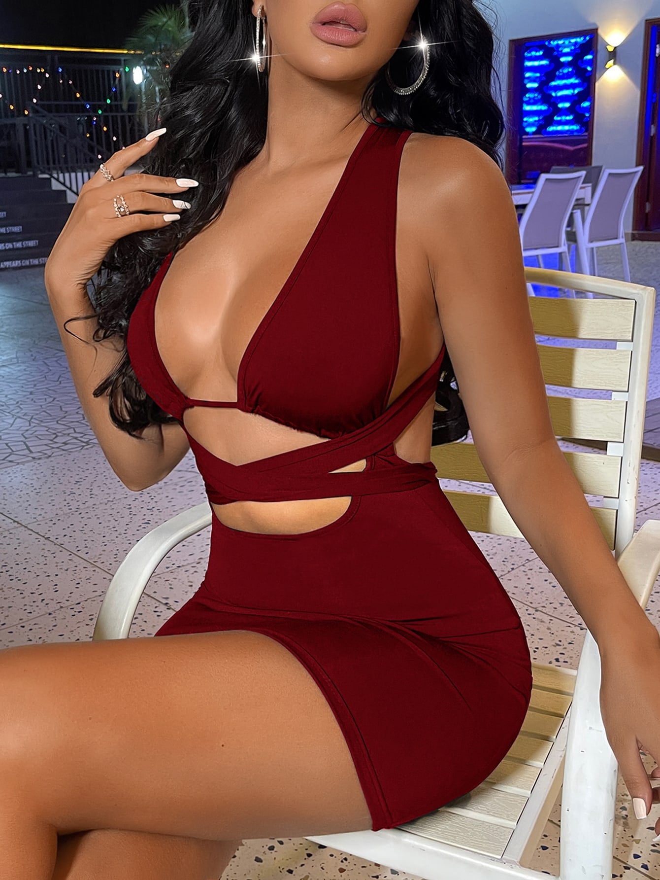 Criss Cross Tie Back Plunging Neck Bodycon Dress