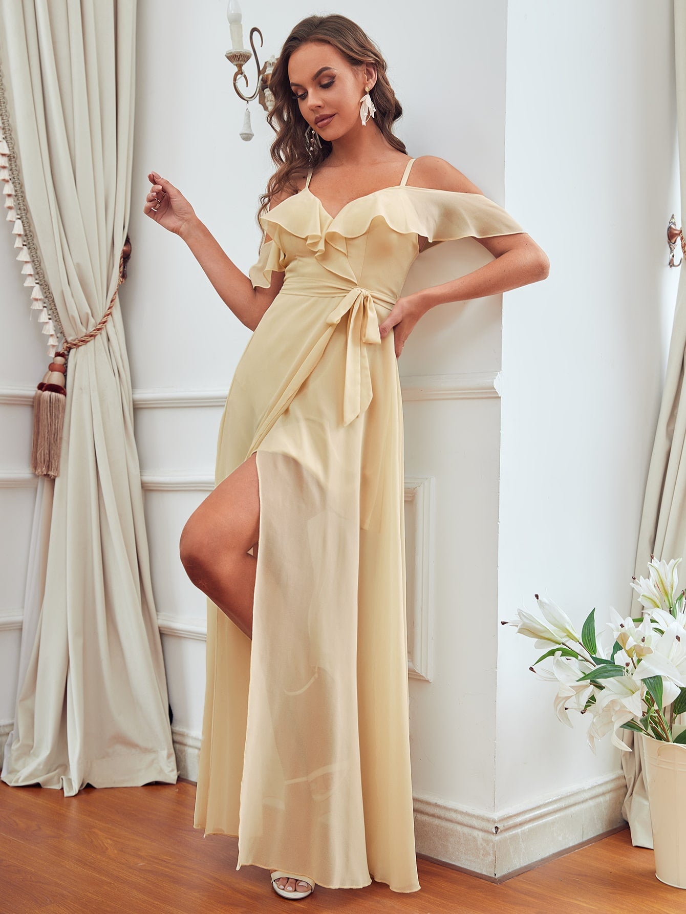 Cold Shoulder Ruffle Trim Slit Thigh Belted Chiffon Bridesmaid Dress