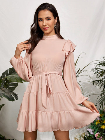 Ruffle Trim Stand Neck Dress